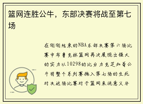 篮网连胜公牛，东部决赛将战至第七场